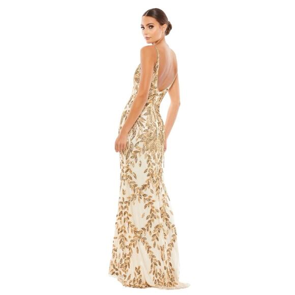 NWT MAC DUGGAL Nude Gold Beaded Embellished Leaf Evening Gown Women’s - Picture 2 of 16